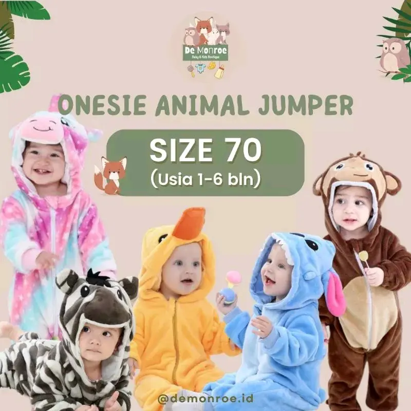 Size 70 ( 0-6 Bulan ) GROSIR MURAH De Monroe Baju Bayi dan Anak Baju Tidur Kostum Bayi Binatang Jumper Animal Romper Onesie Cewek Cowok Singa dll Kids