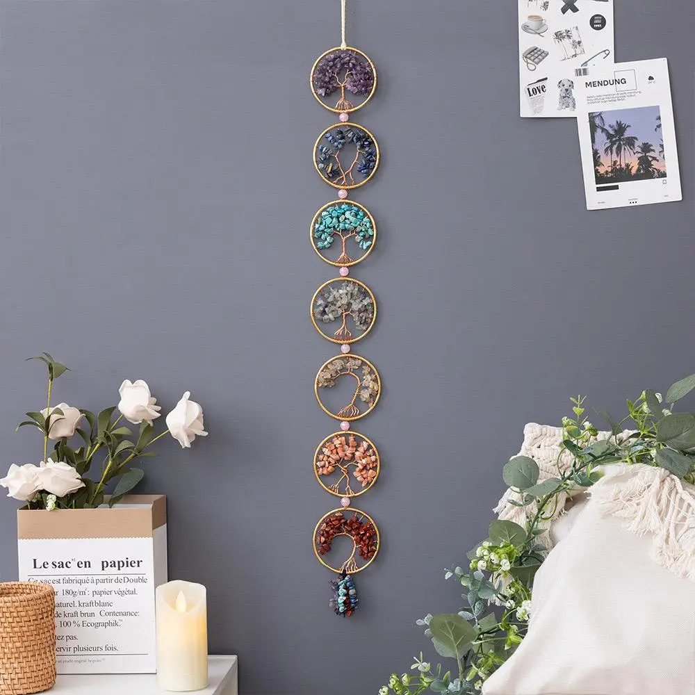 Colorful 7 Chakra Stones Healing Crystals Tree, 1 Count Modern Art Hanging Decor, Wall Art Decor for Home Living Room Bedroom