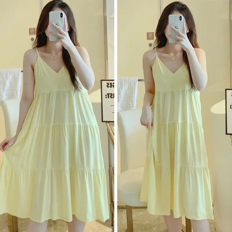 Váy Ngủ, Đầm Mặc Nhà 2 Dây Cổ V Dáng Xoè Chất Liệu Lanh Siêu Mềm Mát Mịn, Hàng Quảng Châu Freesize 47-75kg 5