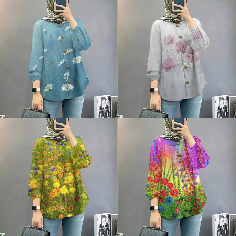 Product Introduction of Women's Muslim shirt elegant and colorful flower oversized loose long sleeved top, beautiful button style affordable and comfortable long sleeved shirt 23