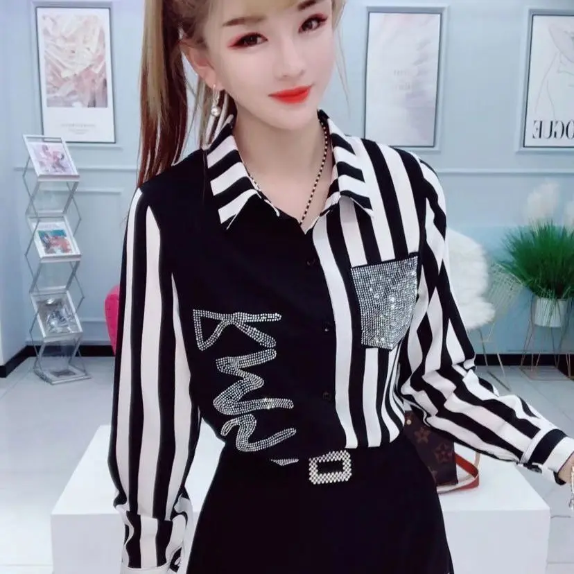 Áo Sơ Mi Dài Tay Sọc, Dành Cho Nữ, Ôm Sát Và Mỏng, Áo Nạm Kim Cương, Thích Hợp Cho Mùa Xuân Và Mùa Thu, Che Lưng, Hợp Xu hướng Women Top Umi Shirt Cổ Tròn