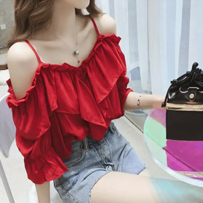Áo Trễ Vai Có Dây Đeo, Áo Trễ Vai Xếp Nhún Hợp Xu hướng Dáng Rộng Vừa Vặn, Hàng Mới Về Mùa Hè 2024, ngắn Tay Nữ, Phong Cách Hàn Quốc, Ôm Sát Top Women