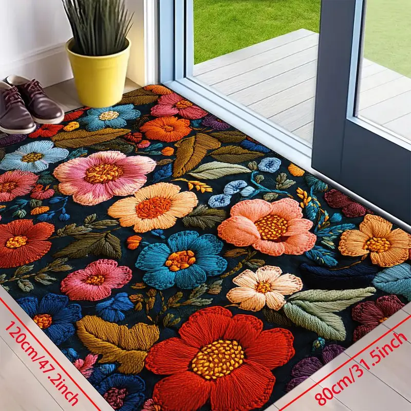 Floral Pattern Welcome Door Mat, Non-slip Water Absorbent Floor Mat, Decorative Carpet for Home Living Room Bedroom Kitchen Entrance 2