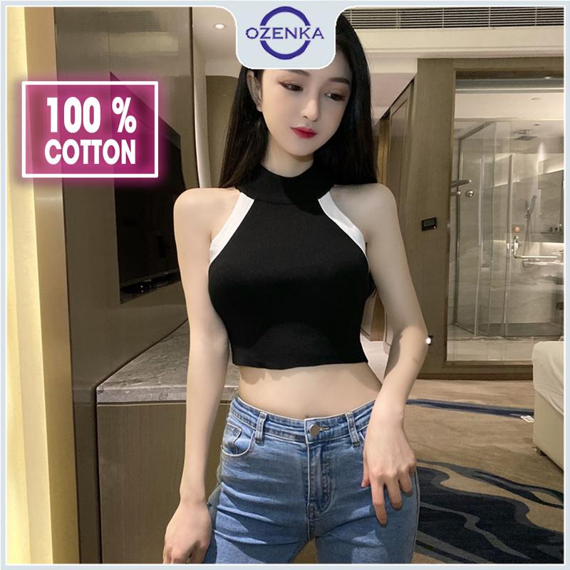 Áo croptop ôm sát nách cổ lọ nữ OZENKA , áo 3 lỗ cải màu chất gân cotton Màu đen Màu trắng Ôm gọn Thun Cổ Tròn Jean Women
