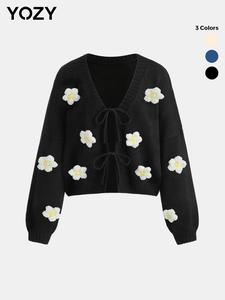 YOZY Women's Floral Print Tie Front Cardigan, Casual Drop Shoulder Long Sleeve V Neck Outerwear for Fall & Winter, Fashion Ladies' Knitwear for Daily Wear