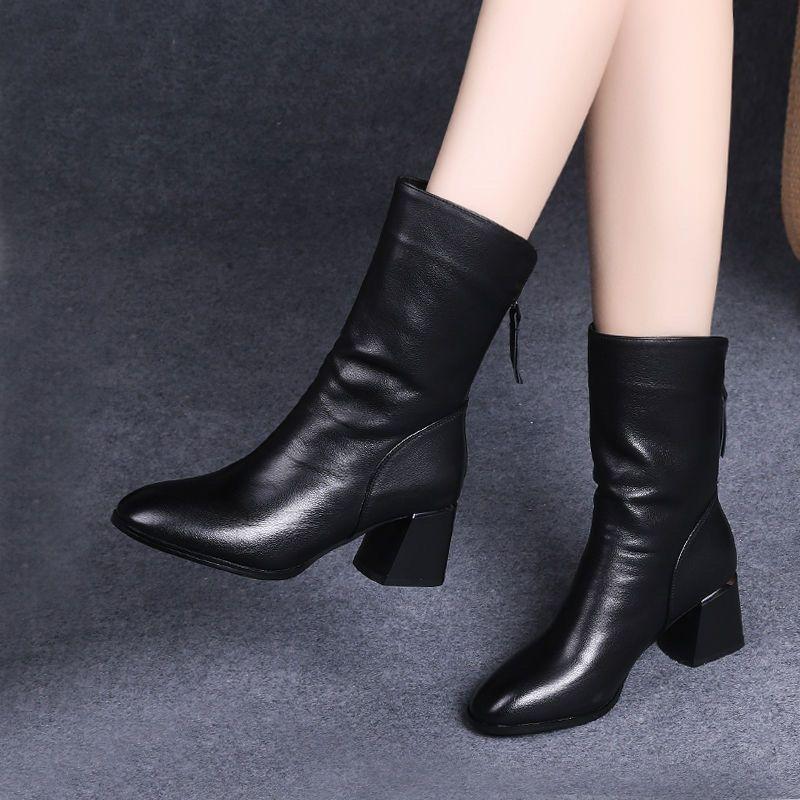 Bốt Cao Su Tổng Hợp, Bốt Cao Đến Mắt Cá Chân Mũi Nhọn Gót Chunky, Giày Da Gót Trung Bình Bốt Martin, Dành Cho Nữ, Bộ Sưu Tập Thu Đông, Hàng Mới Về 2023 0