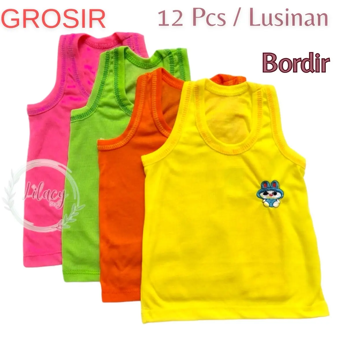 LC - 12 PCS SINGLET ANAK UNISEX BORDIR WARNA STABILO GROSIR