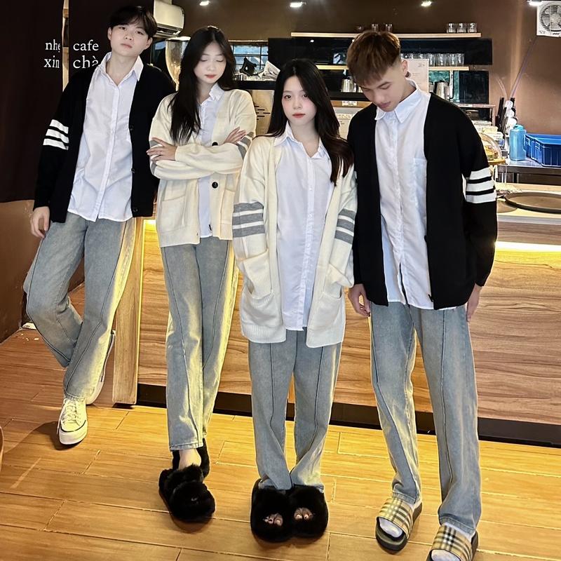 Khoác Len Cadigan 3 Sọc Dài Tay Thu Đông Nam Nữ 2023 Menswear Áo