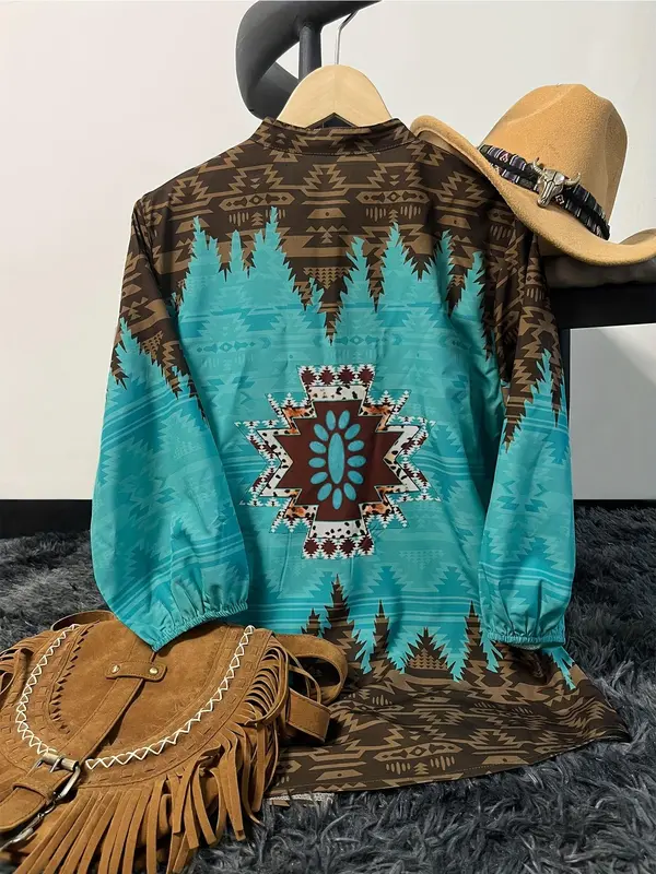 Women's Ethnic Pattern Button Front Blouse, Casual Bishop Sleeve Round Neck Top for Summer, Ladies Clothes for Daily Wear 1