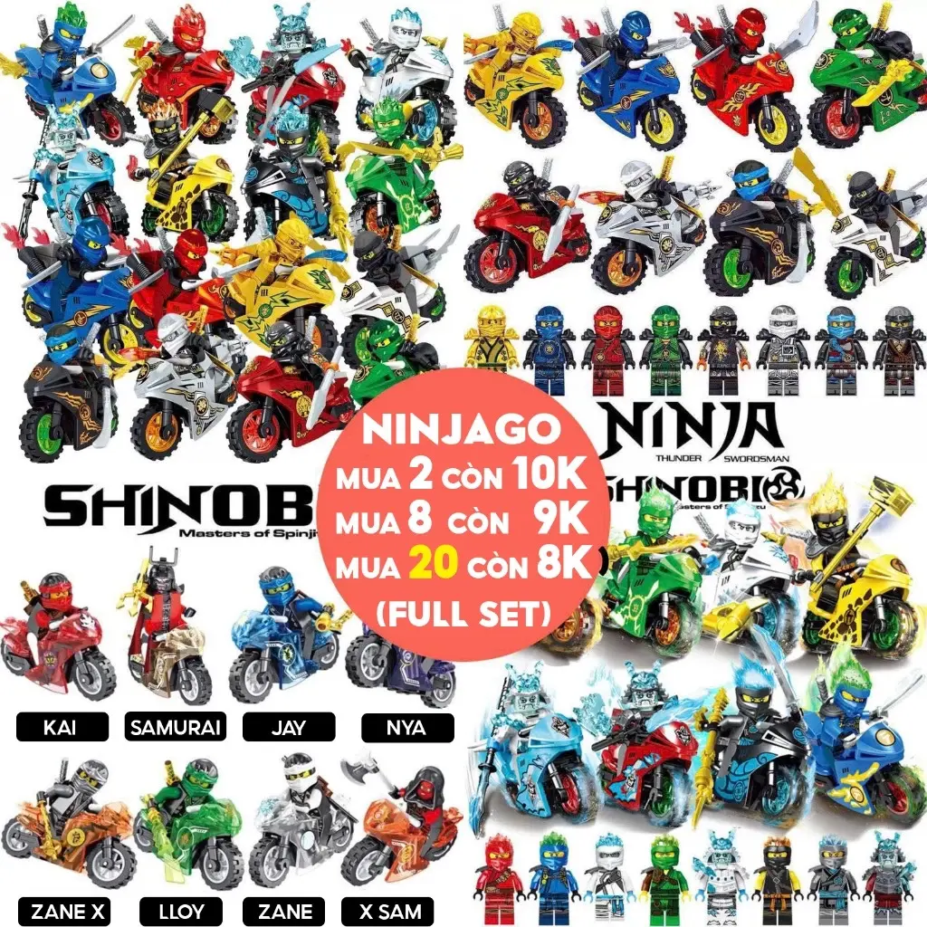 Đồ Chơi Lắp Ráp Xếp Hình Nhân Vật Ninjago Kèm Xe Moto Set Toy 8 nhân vật minifigures Ninja Ngẫu Nhiên