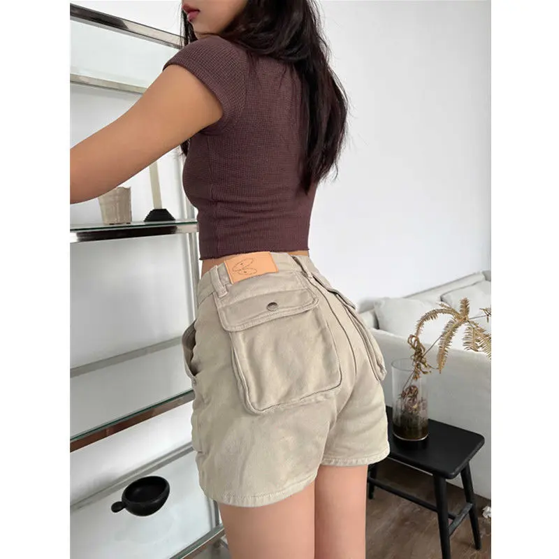 Quần Short Denim Cỡ Lớn Retro Cho Nữ, Quần Bảo Hộ Lao Động Cho Bé Gái Đầy Đặn, Quần Nóng Bỏng Mùa Hè Cho Bé Gái Nóng Bỏng, Eo Cao, Quần Ống Rộng Chữ A Linh Hoạt Năng, Hợp Thời Trang