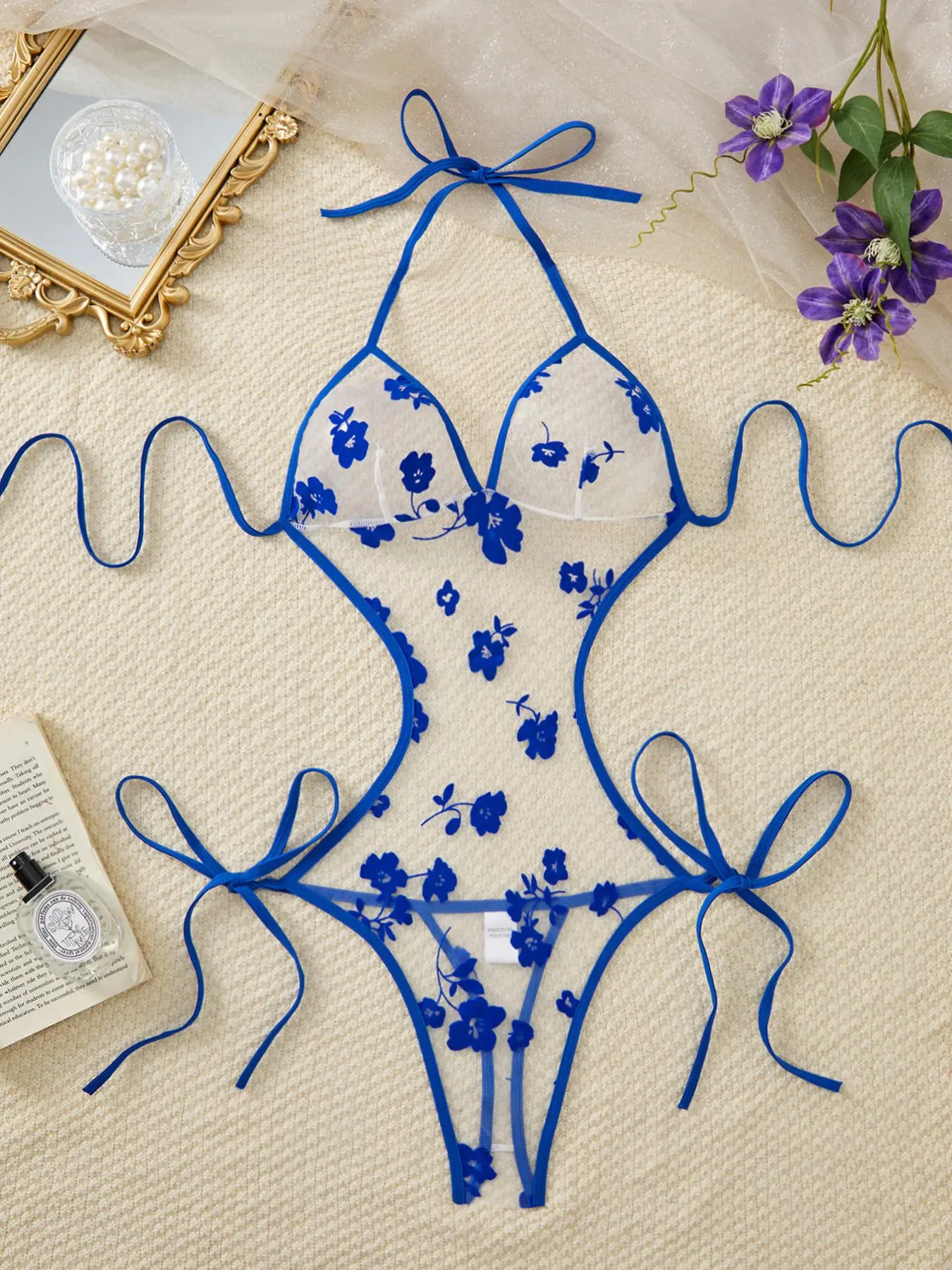 Women's Floral Flocking Print Contrast Mesh Sheer Cami Bodysuit, Sexy Bow Backless Sleeveless Bodysuit for Summer Daily Wear, Women's Lingerie for All Seasons