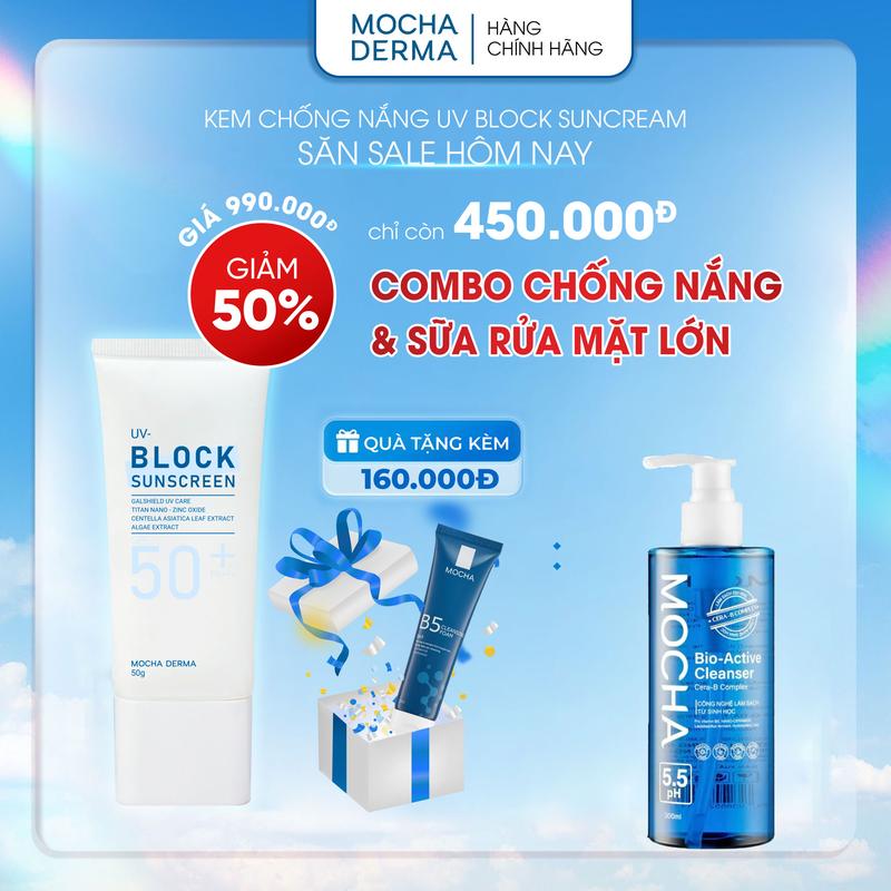  COMBO CHỐNG NẮNG MOCHA +SỮA RỬA MẶT LỚN 300ML  gồm 3 sp: kem chống nắng mocha Sữa rửa mặt b5 nhỏ tặng kèm sữa rửa mặt b5 lớn 300ml   