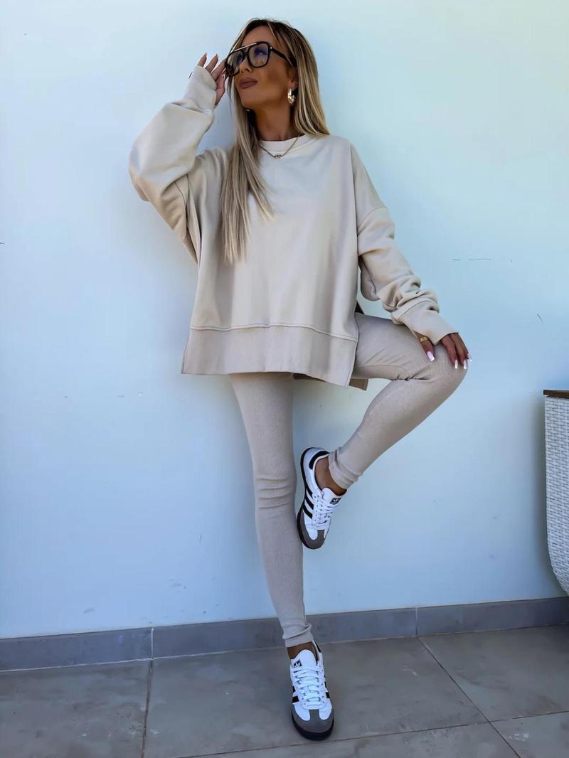 Product Introduction of 【Fashionwave Collection】 Two-Piece Set Women's Solid Drop Shoulder Split Hem Sweatshirt & Elastic Waist Pants, Casual Fashion Cozy Round Neck Long Sleeve Pullover & Skinny Trousers for Daily Outdoor Wear, Women's Lounge Clothing for Spring & Fall 11