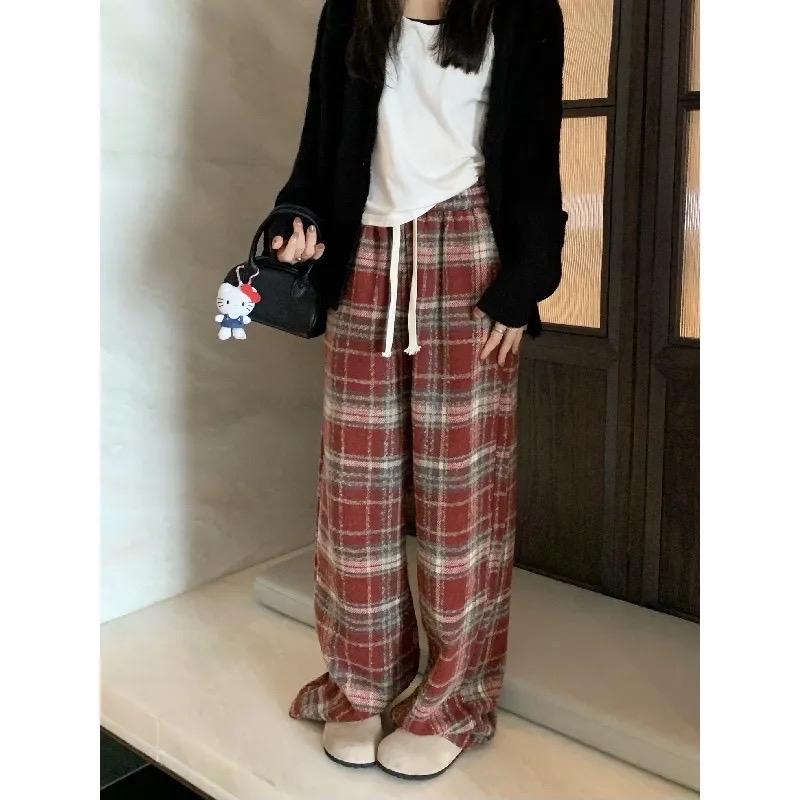 Quần dài nam nữ dạ kẻ lông dày dặn/Quần karo quần nỉ ống rộng Trễ lưng Women Pants có size 75kg