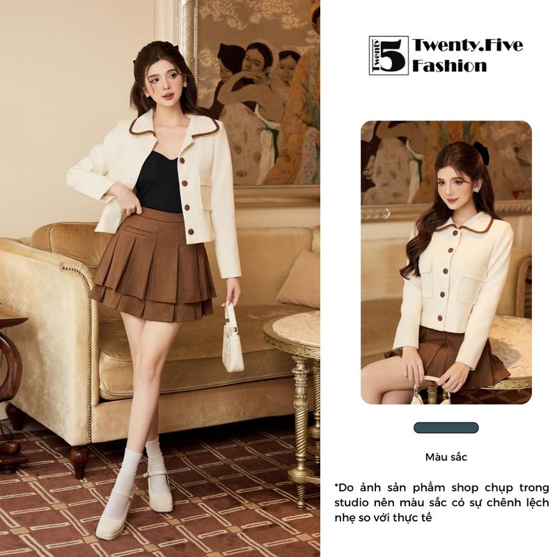 Twentyfive AH93-CH54 Set Áo Khoác Dạ Nữ Phối Viền Nâu Có Độn Vai Nhẹ,Túi Hộp, Cúc Bọc Và Chân Váy Xếp Ly 2 Tầng Da Nhung (Có Bán Rời) Top Women