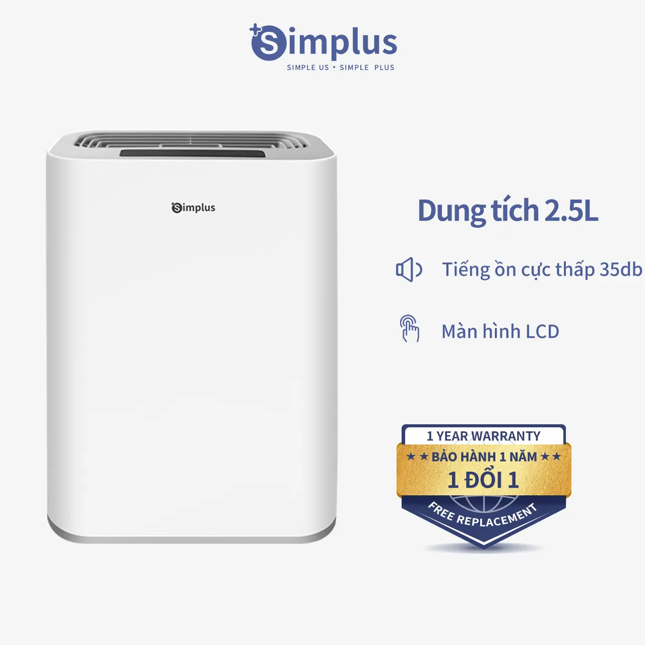 Simplus Máy Hút Ẩm CUSH002 Công Suất 380ml/Ngày,  Dung Tích Bình Nước 2.5L, Màn hình LCD, Có Xông Tinh Dầu, Dùng Cho Phòng Nhỏ Căn Hộ Thời Tiết Ẩm Nồm, Tiết Kiệm Điện Năng, Độ Ồn Thấp Bảo Hành 1 Năm Chỉ Đổi Không Sửa