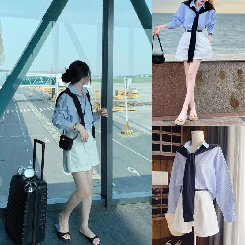 Set áo sơ mi kẻ xanh kèm áo choàng cổ kết hợp quần short trắng kèm dây nịt Nữ Kem Women Top