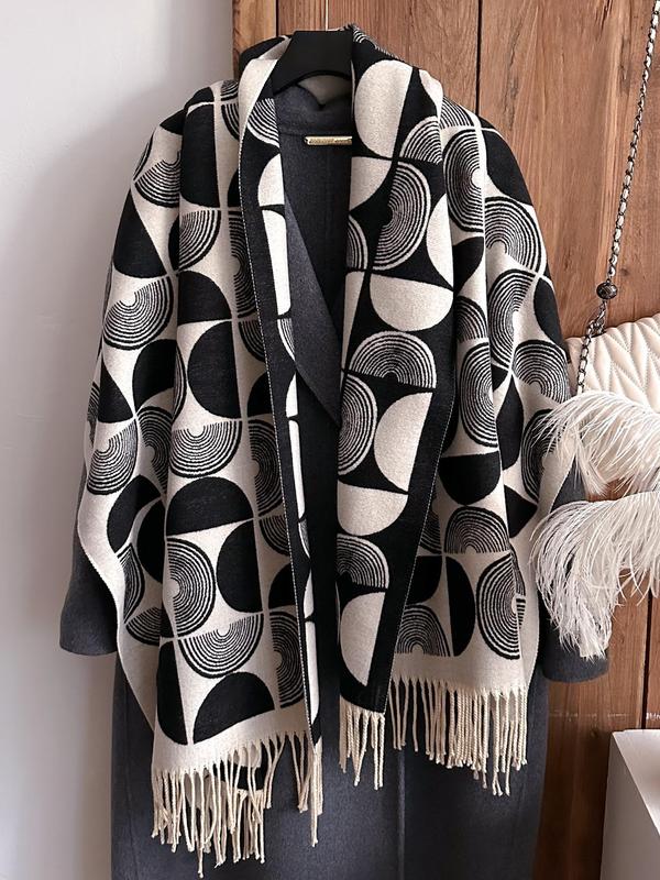 Women's Geometric Print Tassel Decor Shawl, Boho Style Casual Soft Warm Long Scarf for Fall & Winter, Fashion Accessories for Daily Wear 0