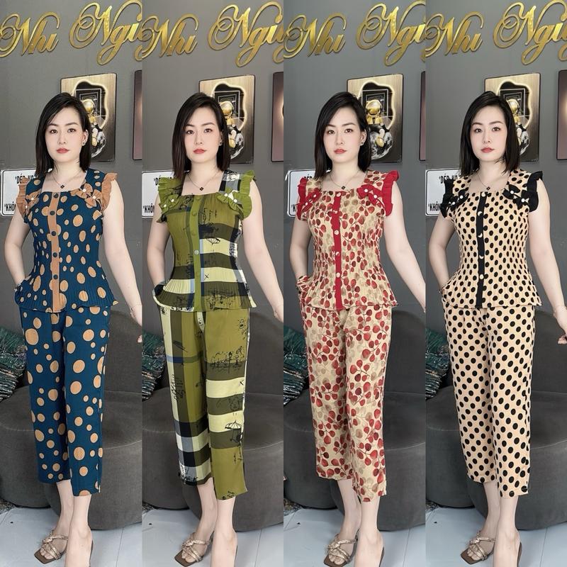 Đồ Bộ mặc nhà cho nữ áo dập ly tay cánh tiên phối nơ nút bọc vải quần 9 tấc có túi quần - Women, Quần Ngủ