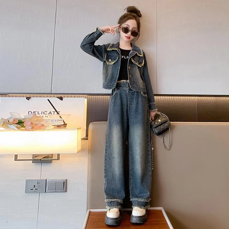 Bộ Denim Cho Bé Gái, Thời Trang, Phong Cách Phương Tây, Bộ Hai Mảnh Cổ Điển Hàng Mới Về, Phù Hợp Với Trẻ Em
