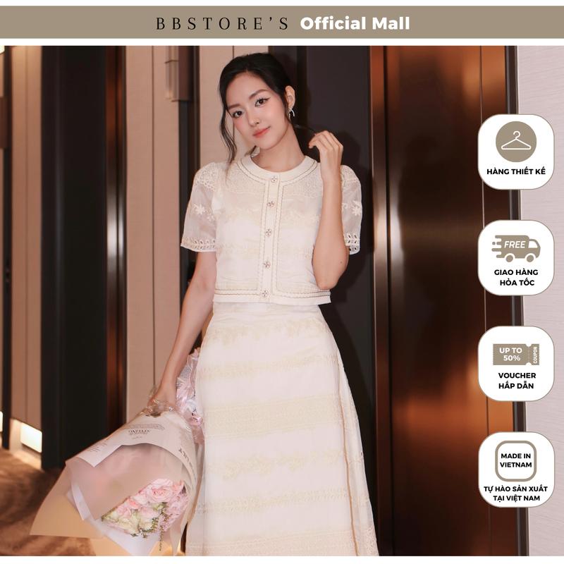 Set Dự Tiệc Áo Crop Chân Váy Dài Xoè Cổ Tròn Viền Nút Kim Loại Chất Ren Cotton BBSTORE'S -K4203T