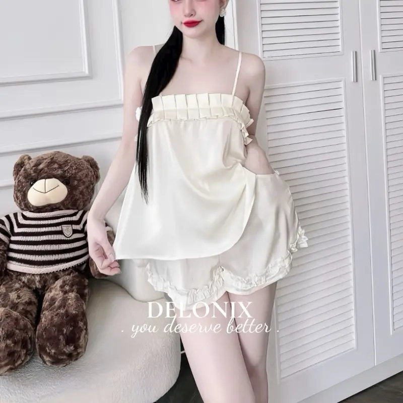 B17 Bộ đồ ngủ lụa pijama xếp ly 2 dây cute sang chảnh tôn dáng cao cấp chuẩn hàng bộ ngủ DELONIX 8