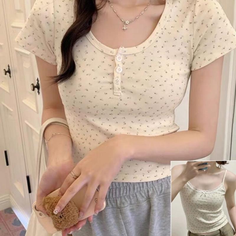 Áo thun gài nút chất tăm lạnh hoa nhí xinh baby tee Nữ Women 0