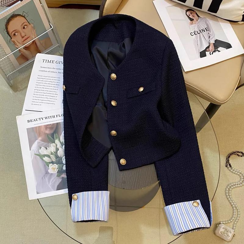 Áo Khoác Vest, Màu Xanh Navy, Dành Cho Nữ, Hàng Mới Về Mùa Thu 2024, Thiết Kế Khâu Thời Trang Pháp, Phong Cách Nữ Thần Thanh Lịch, Áo 0