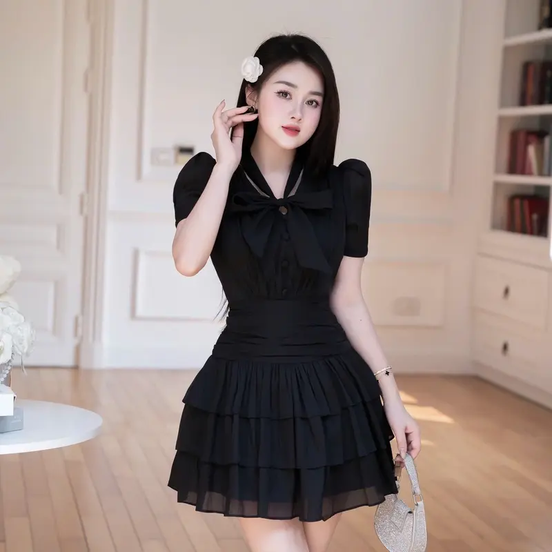 Lali_váy tơ xốp xoè tầng buộc nơ cổ cúc bọc sang chảnh_Ll060 5