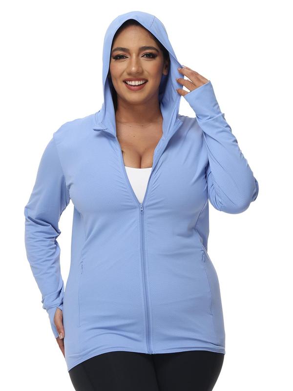 Women's Plus Size Solid Thumb Hole Design Zip Up Sports Jacket, Casual Long Sleeve Outerwear for Outdoor Workout Running, Pickleball Clothes, Tennis Outfits, Ladies Sportswear for All Seasons 2