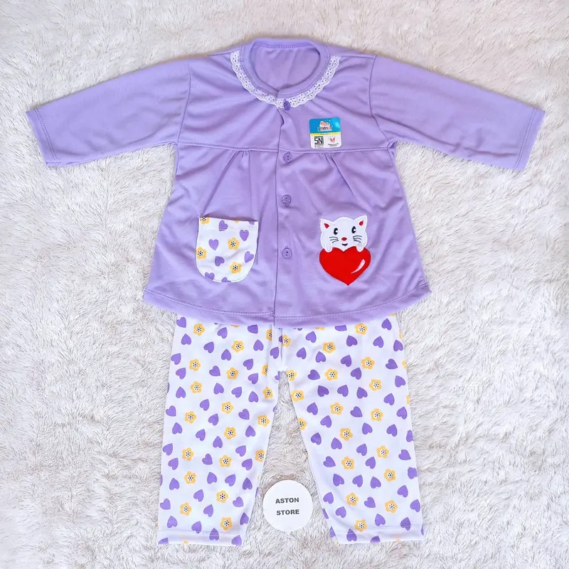 Setelan Baju Tidur Piyama Bayi Perempuan Lengan Panjang Kancing Depan Katun 6-12 Bulan Motif Lucu Cat Love 5