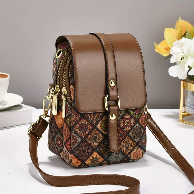 Women'S Stylish Geometric Print Shoulder Bag - Brown with Vibrant Floral & Star Design, Zipper Closure, Lightweight, Large Capacity, Perfect for Casual & Formal Occasions, Casual Shoulder Bag | Vibrant Print Bag | Durable Zipper Closure, La 2