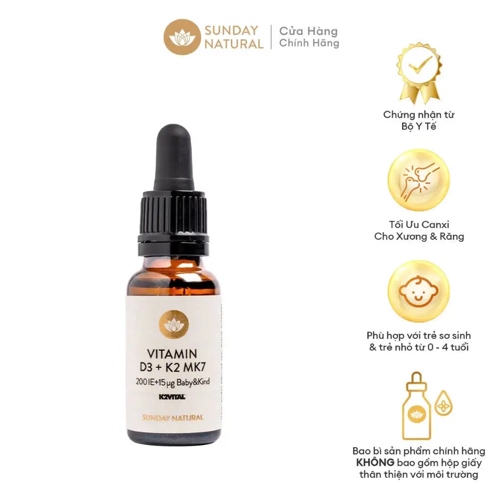 Sunday Natural - Vitamin D3 + K2 MK7 200 IU + 15mcg cho trẻ sơ sinh và trẻ nhỏ, 600 giọt