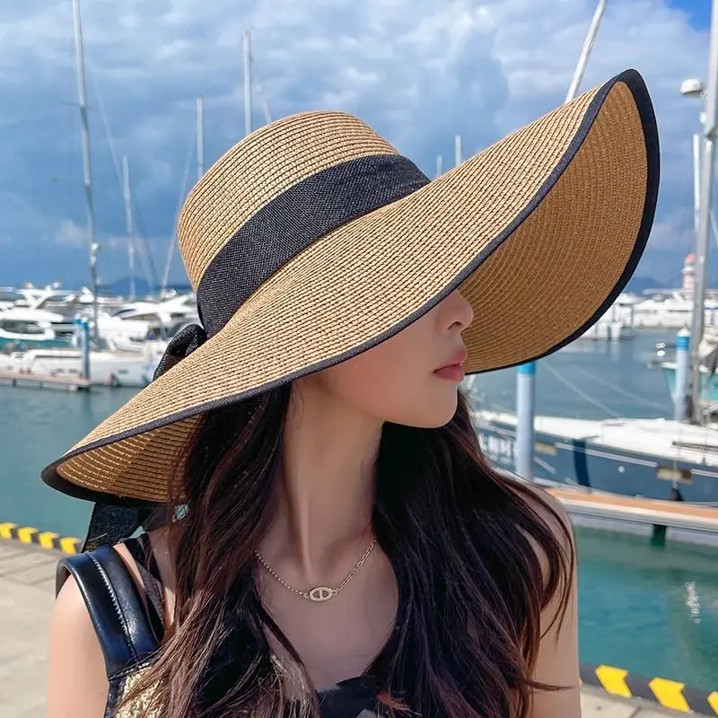 Summer Wide-Brim Foldable Straw Hat - Oversized UV Protection Sun Hat for Women, Breathable Beach Vacation Cap with UPF50+