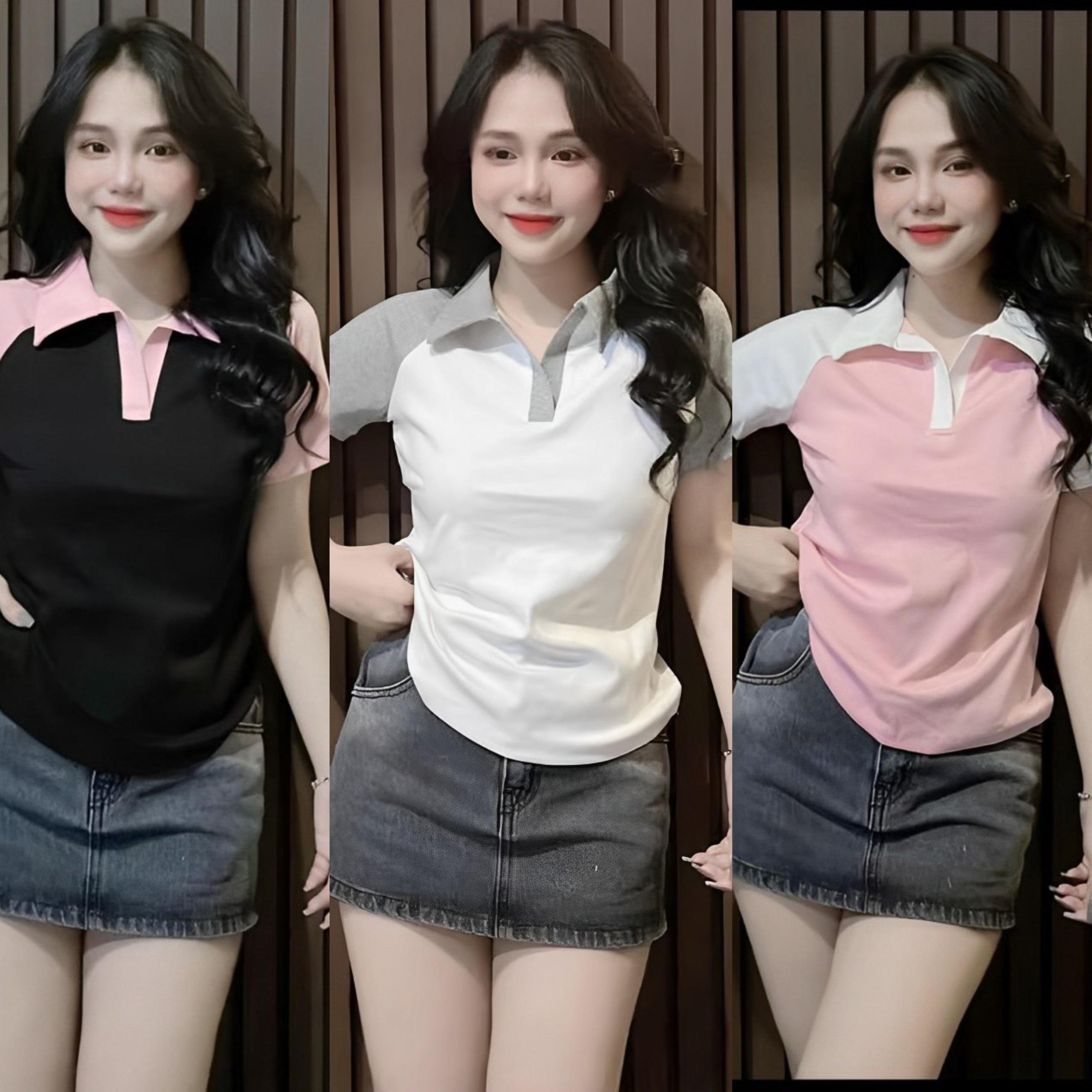 Áo Thun Polo Tay Phối Vải Thun Tăm 45- 90Kg Dễ Thương Top Nữ Women Đen - A.1332