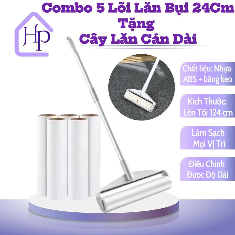 Combo 5 Lõi Lăn Bụi 24Cm Kèm Cây Lăn Cán Dài - Tiện Lợi Trong Việc Làm Sạch Gầm Giường Tủ Ga Giường Sàn Nhà Quần Áo Và Lông Chó Mèo giấy không khô cây lăn bụi giường cây lau nhà thanh lăn bụi combo lõi lăn bụi long tổng hít bụi