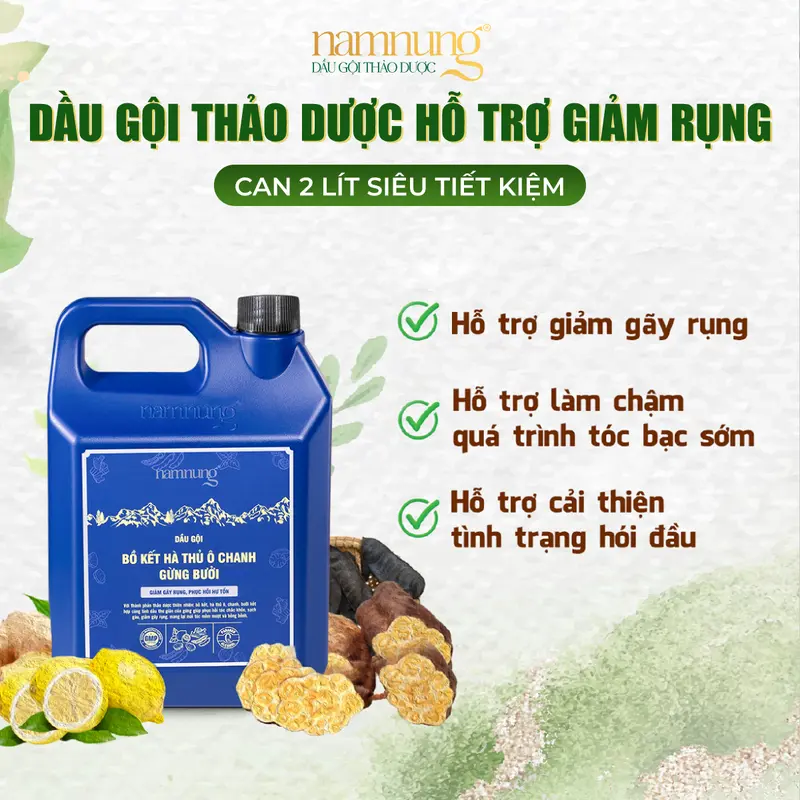 [Siêu Tiếp Kiệm] Dầu gội thảo dược NamNung, Dầu gội hỗ trợ giảm rụng, giảm gàu, phục hồi tóc can 2 lít siêu tiết kiệm, chiết xuất thiên nhiên Bồ kết hà thủ ô Chăm sóc tóc Dưỡng tóc nữ 2
