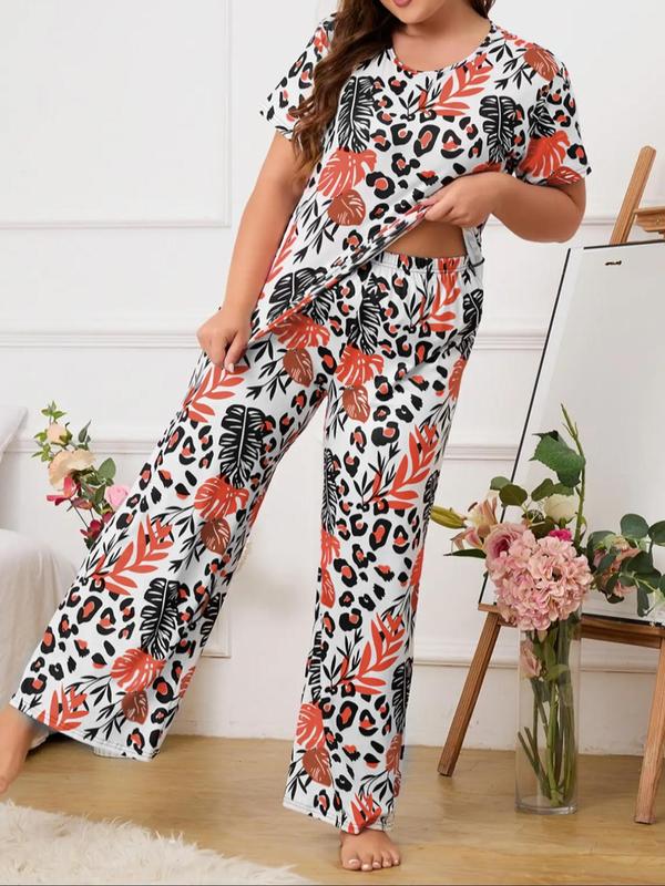 2 Pieces Plus Size All Over Print Pyjama Set, T-shirt & Trousers Two-piece Pj Set, Plus Size Clothing for Daily Home Wear, Casual Pyjamas for Women, Women's Sleepwear, Lounge Set for Women, Summer Clothes Women, Pajamas Sets Women 1