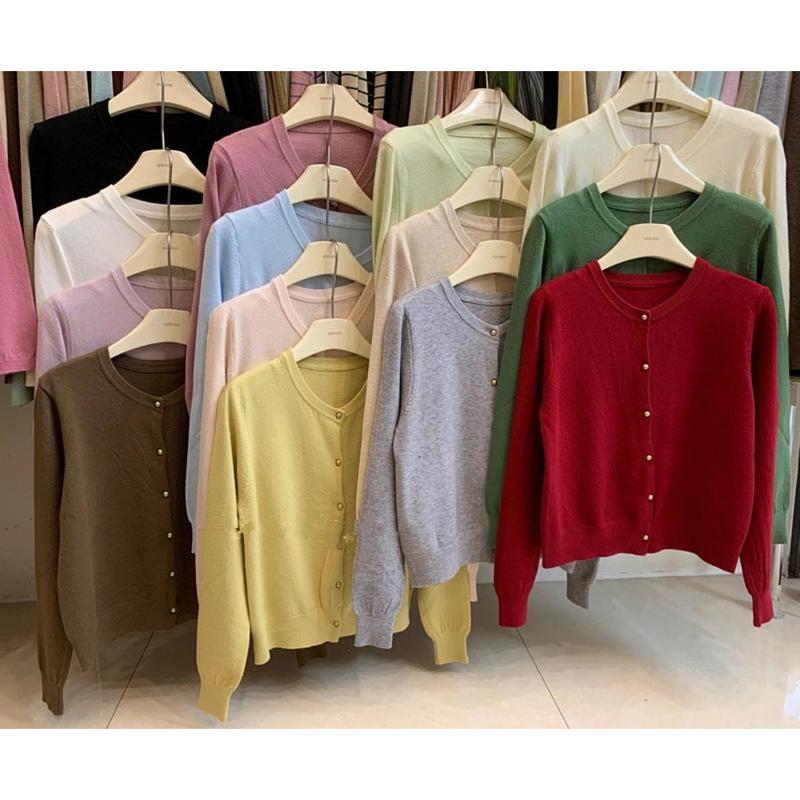 Áo Cardigan Dệt Kim, Phong Cách Hàn Quốc, Thiết Kế Đơn Giản, Màu Trơn Cỡ Nhỏ, Nút Vàng, Cổ Tròn, Áo Nữ