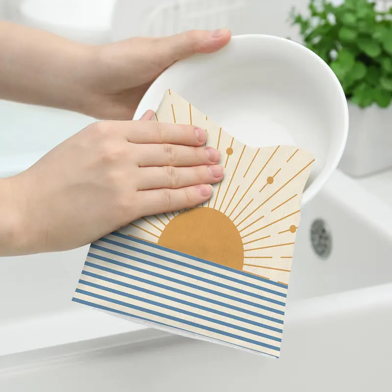 Sun & Flower Pattern Dish Towel, 2pcs Household Bundle Cleaning Products Kitchen Accessories Multi-function Soft Absorbent Hand Towel, Reusable Durable Kitchen Towel, Home Care Supplies Kitchen Gadgets 2