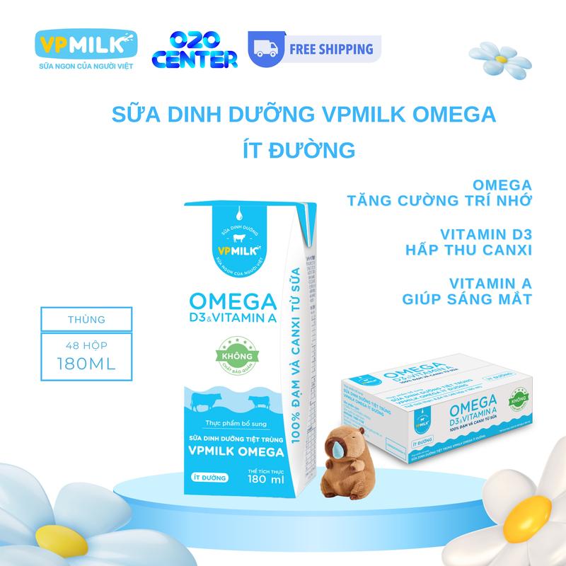   Thùng 48 hộp 180ml  Sữa dinh dưỡng VPMilk Omega ít đường Sữa Omega hỗ trợ sáng mắt chắc xương tăng cường trí nhớ dành cho bé và cả nhà bổ sung dưỡng chất thiết yếu 
