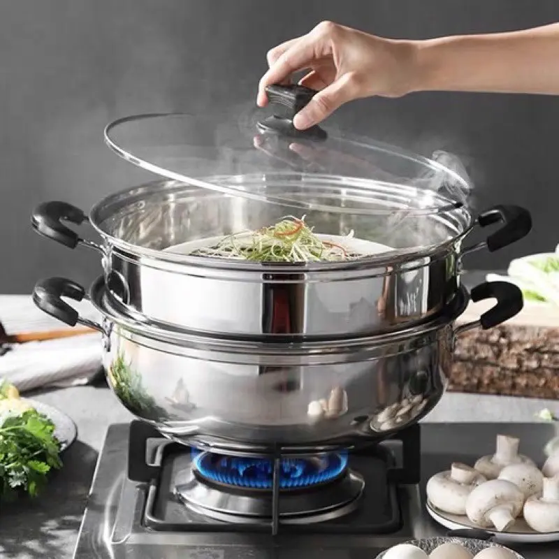Nồi hấp inox 2 tầng, Xửng Hấp 2 Tầng đa năng 28cm, cao cấp nắp kính, cách thủy, Nồi hấp 2 tầng inox