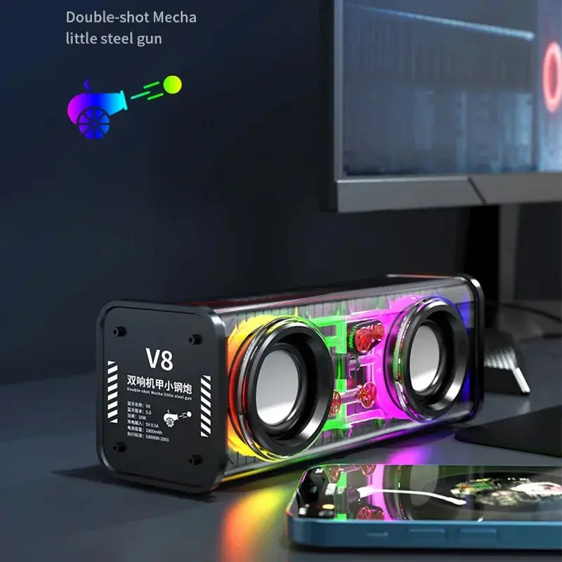 Loa Mecha Trong Suốt, V8, Bluetooth 5.0, Không Dây, Bass Đôi, Loa Siêu Trầm Màng Loa, Âm Nhạc TWS, Đèn RGB, Loa Tiệc Mini 3