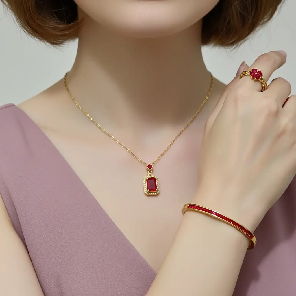 Aksesoris Titanium Batu Merah Kalung Liontin Kotak Dan Bangle Zircon Merah Serta Cincin Bunga Adjustable Cocok Untuk Acara Mewah Koyara Jewelry