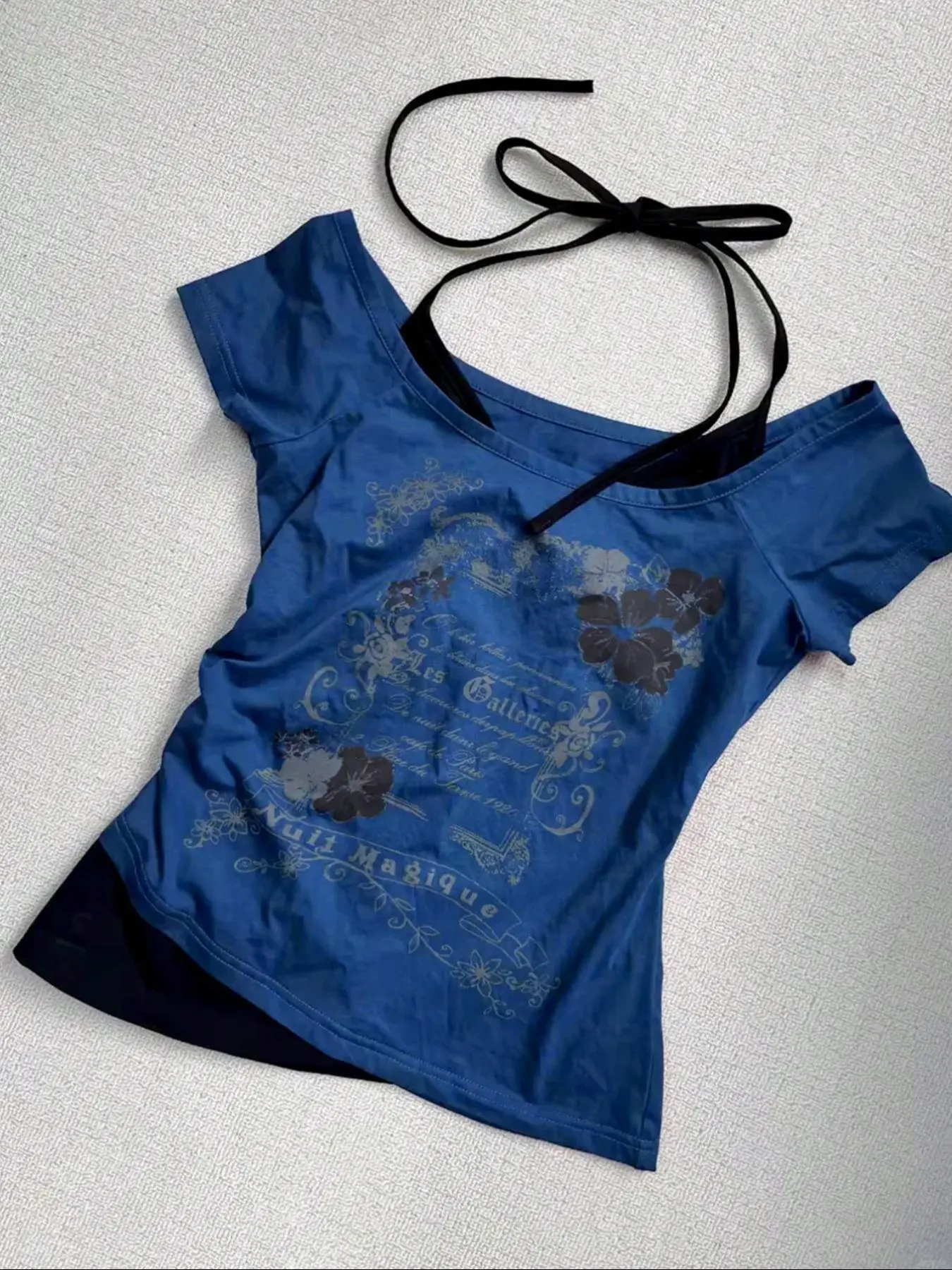 Women's 2 in 1 Floral & Letter Print Halter Tee, Y2k Elegant Casual Top for Summer, Ladies Clothes for Daily Wear