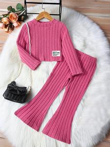 Two-piece Set Girl's Solid Textured Patched Round Neck Sweater & Flare Leg Pants, Casual Fashion Cozy Outfits for Daily Outdoor Wear, Girls Set for Spring Fall Valentine's Day, gift