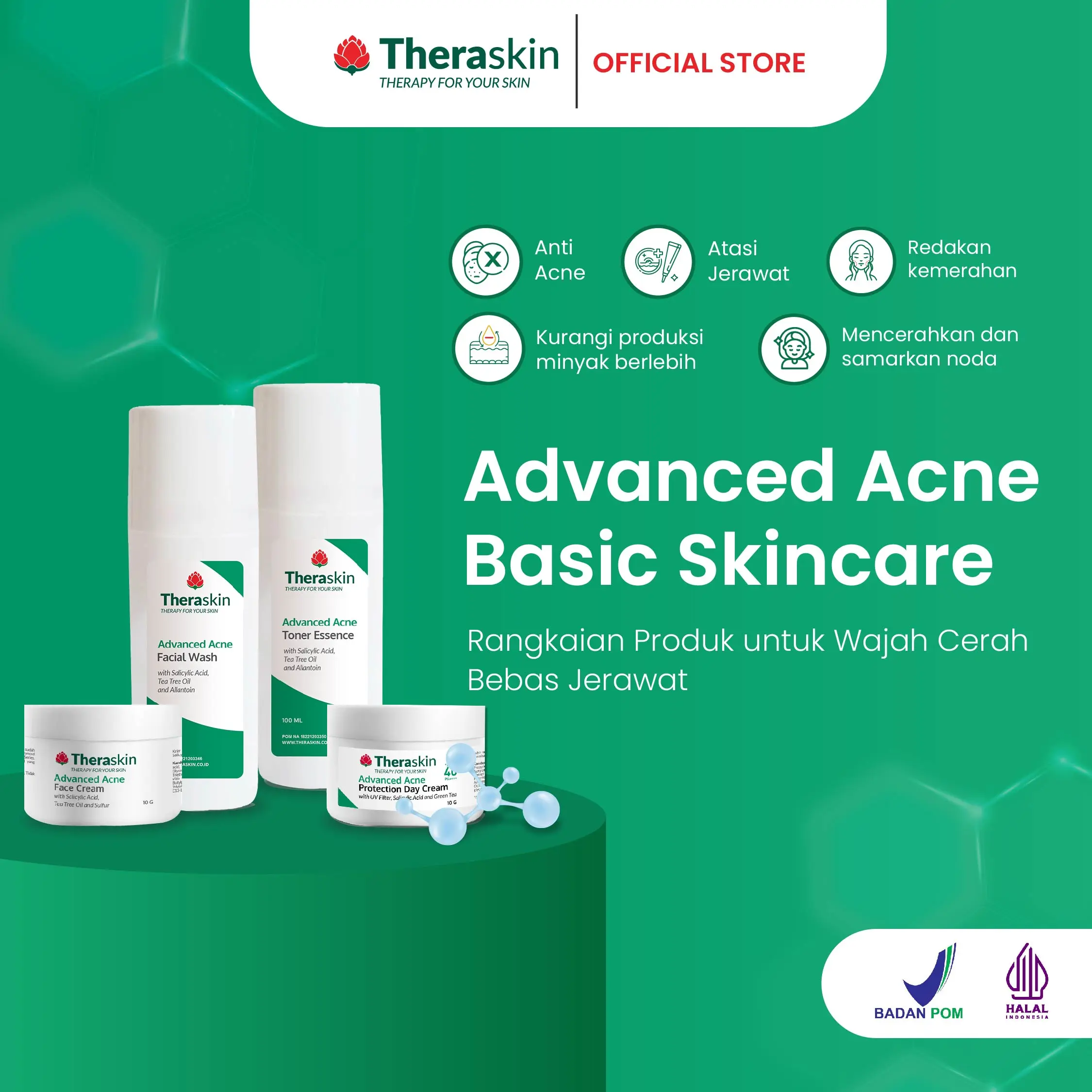Theraskin BPOM Advanced Acne Basic Skincare - Paket Basic Untuk Wajah Berjerawat dan Bruntusan 4pcs (Facial Wash, Toner, Krim, dan Sunscreen)