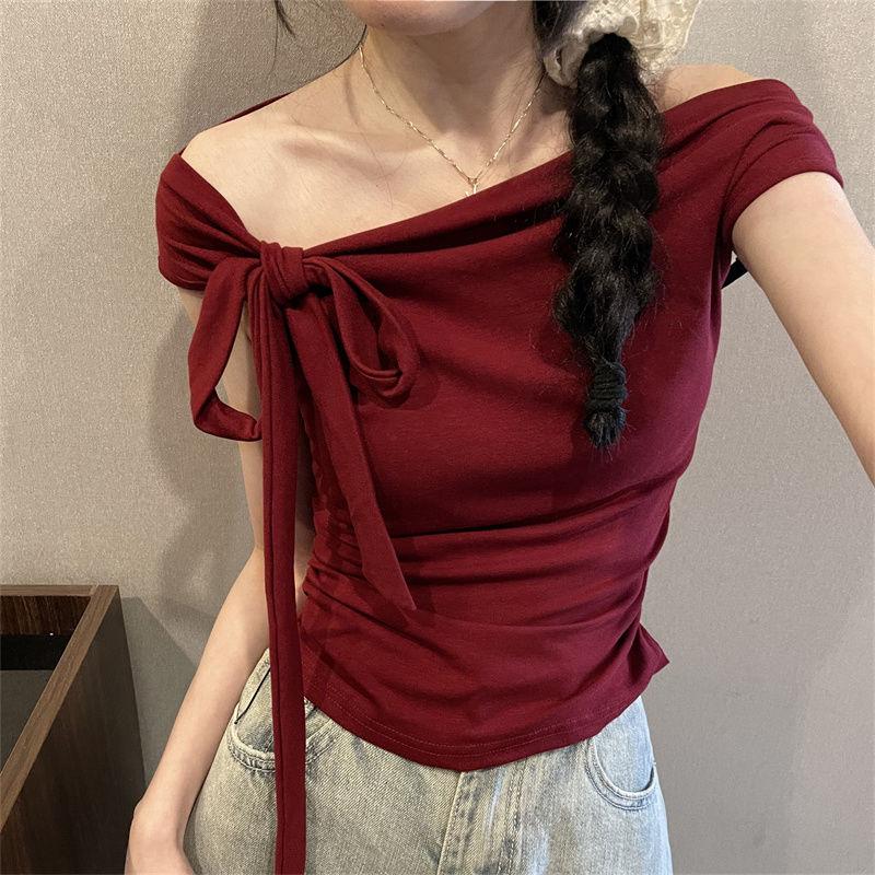 Áo Phông Trễ Vai Áo Ngắn Buộc Dây Nhỏ Mùa Hè, Dành Cho Nữ, Kiểu Trễ Vai 5