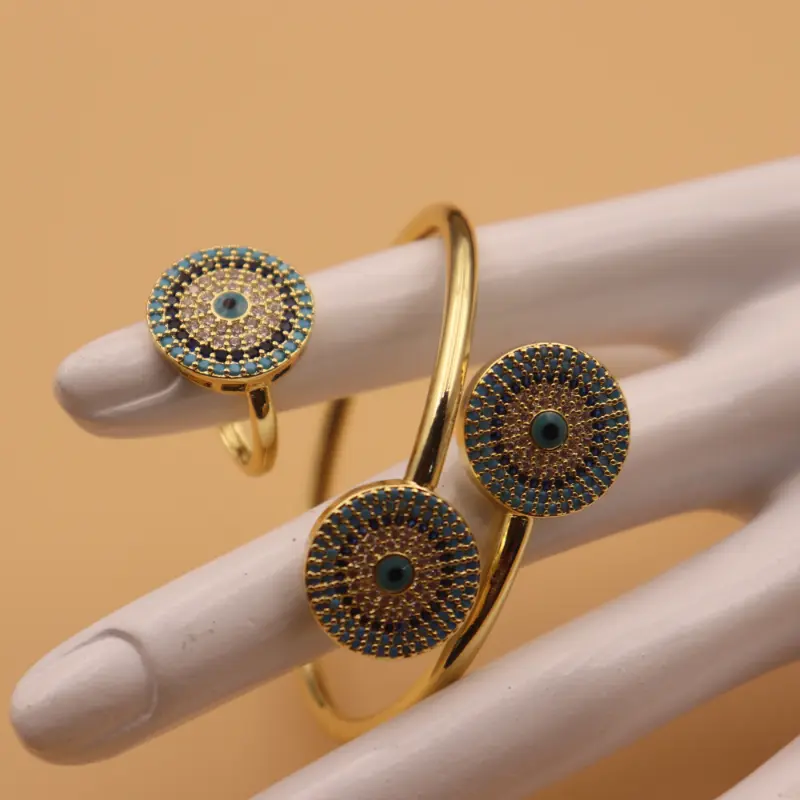 Elegant Golden Bangle with Ring - Perfect for Parties and Holidays 24K Plated, Turquoise Inlay, Alloy Construction exquisite gift delicate 4
